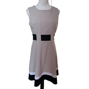 Calvin Klein A-Line Pleated Color Block Dress Women's 8 Tan Black White
